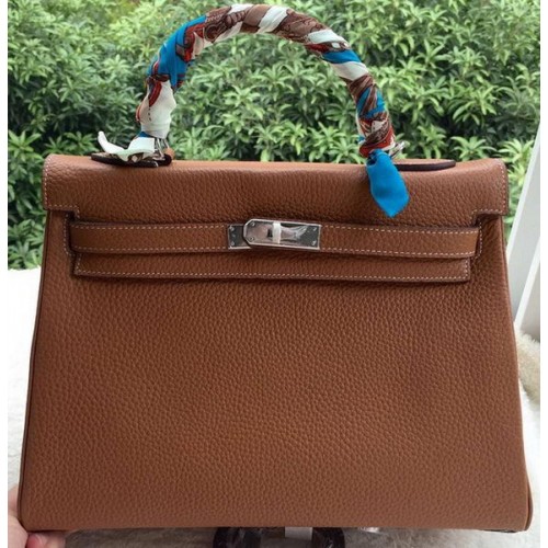 Hermes Kelly 32cm Taška přes rameno Hnědá Telecí Kůže K32CL Stříbrná