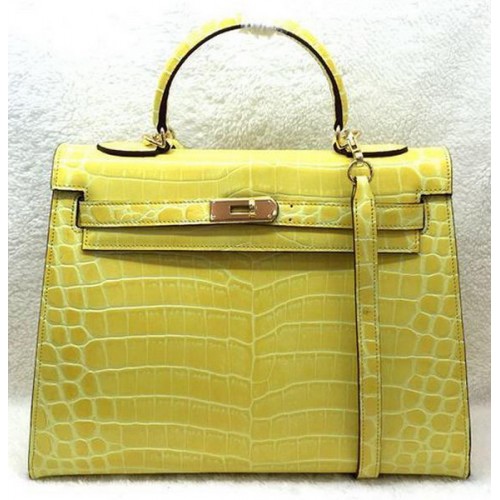 Hermes Kelly 32cm Taška přes rameno Croco Kůže K32 Žlutá