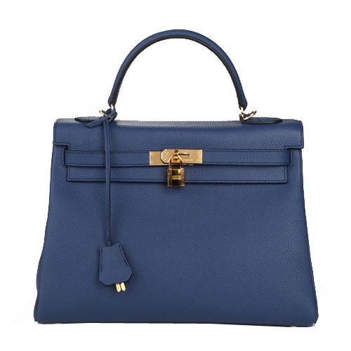 Hermes Kelly 32cm Taška přes rameno tmavě modrá originální kůže K32 zlatá