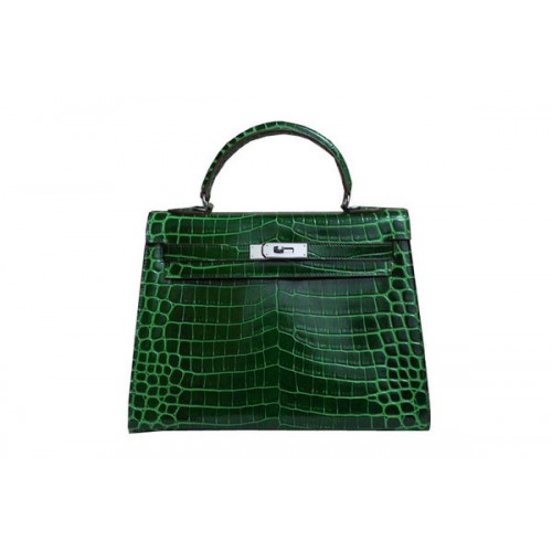 Hermes Kelly 32cm Taška přes rameno Zelená Croco Patentovaná Kůže K32 Stříbrná