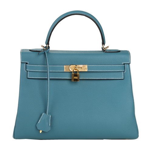 Hermes Kelly 32cm Taška přes rameno světle modrá originální kůže K32 zlatá