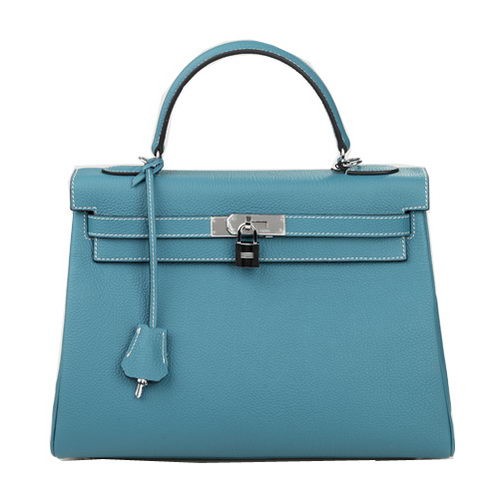 Hermes Kelly 32cm Taška přes rameno světle modrá originální kůže K32 stříbrná