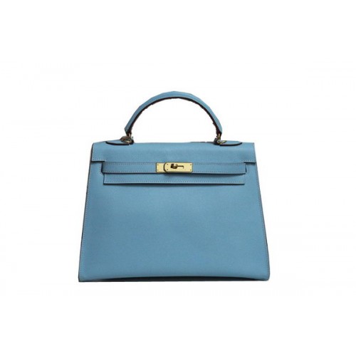 Hermes Kelly 32cm Taška přes rameno světle modrá saffiano kůže K32 zlatá