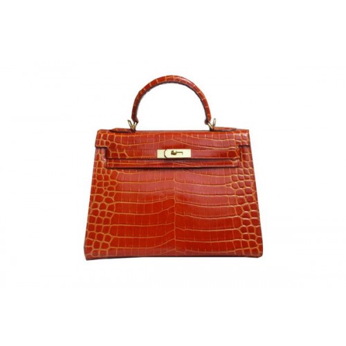 Hermes Kelly 32cm Taška přes rameno Oranžová Croco Patentovaná Kůže K32 Zlatá