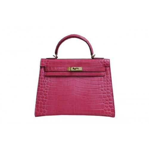 Hermes Kelly 32cm Taška přes rameno Růžová Croco Patentovaná Kůže K32 Zlatá