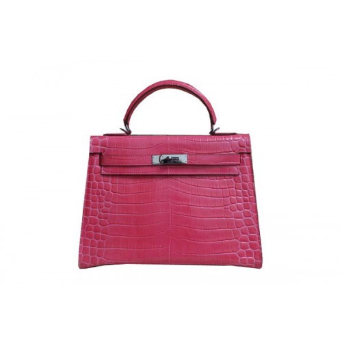Hermes Kelly 32cm Taška přes rameno Růžová Croco Patentovaná Kůže K32 Stříbrná