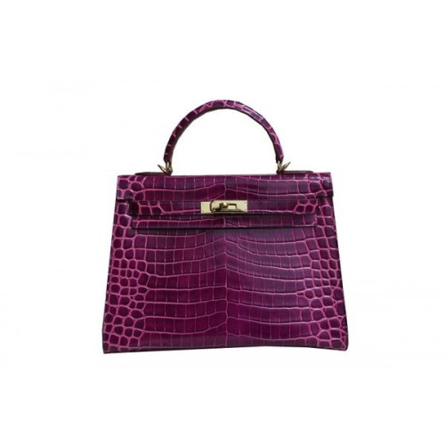 Hermes Kelly 32cm Taška přes rameno Fialová Croco Patentovaná Kůže K32 Zlatá