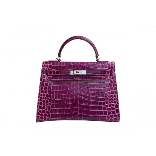 Hermes Kelly 32cm Taška přes rameno Fialová Croco Patentovaná Kůže K32 Stříbrná