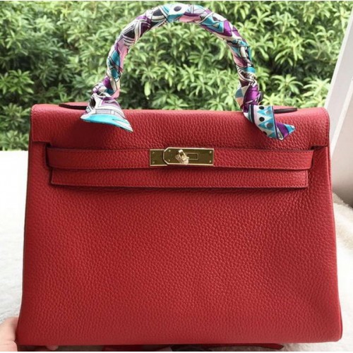 Hermes Kelly 32cm ramenní taška červená telecí kůže K32CL zlatá