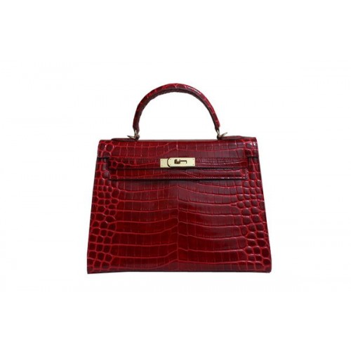 Hermes Kelly 32cm Taška přes rameno Červená Croco Patentovaná Kůže K32 Zlatá