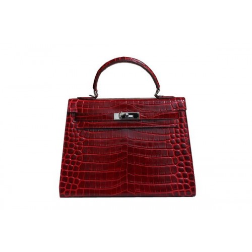 Hermes Kelly 32cm Taška přes rameno Červená Croco Patentovaná Kůže K32 Stříbrná