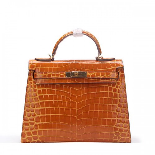 Hermes Kelly 32cm Taška přes rameno z pšeničné krokodílí kůže K32 zlatá