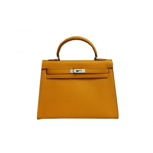 Hermes Kelly 32cm Taška přes rameno Žlutá Saffiano Kůže K32 Stříbrná