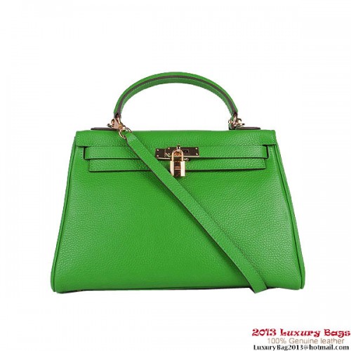 Hermes Kelly 32cm ramenní tašky zelená Clemence kůže zlatá