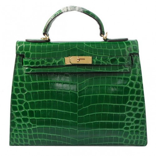 Hermes Kelly 32cm Tašky přes rameno Zelená Iridescentní Krokodílí Kůže Zlatá