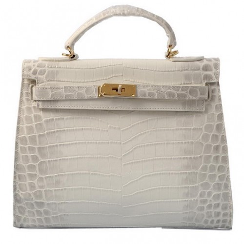 Hermes Kelly 32cm Tašky přes rameno OFFWhite Croco Kůže Zlatá