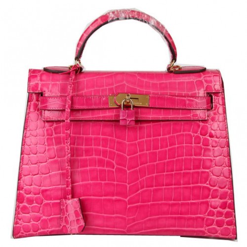 Hermes Kelly 32cm Tašky přes rameno Broskvová Iridescentní Krokodílí Kůže Zlatá