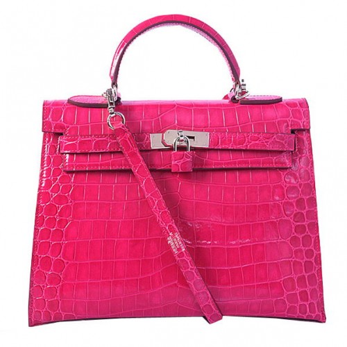 Hermes Kelly 32cm Tašky přes rameno Broskvová Iridescentní Krokodílí Kůže Stříbrná