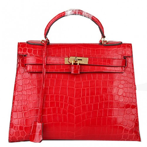 Hermes Kelly 32cm Tašky přes rameno Červená Iridescentní Krokodílí Kůže Zlatá