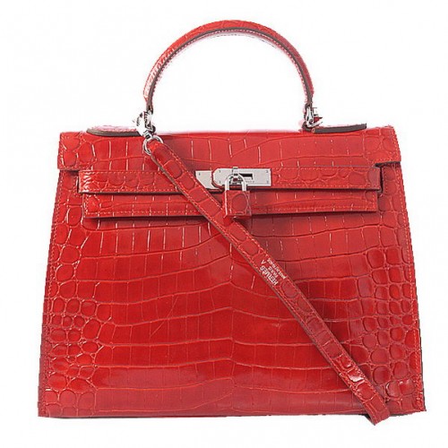 Hermes Kelly 32cm Tašky přes rameno Červená Iridescentní Krokodílí Kůže Stříbrná