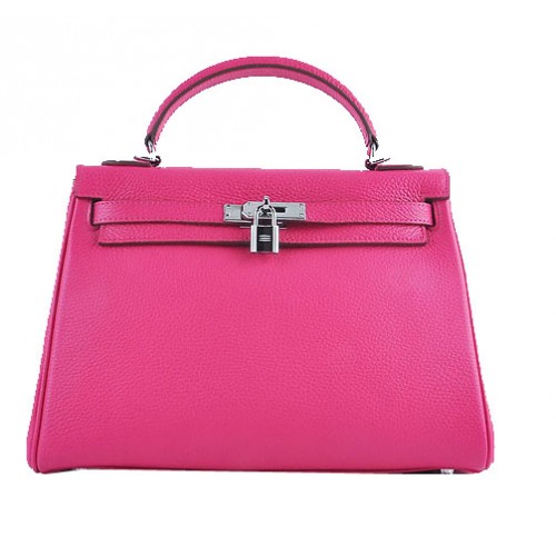 Hermes Kelly 32cm ramenní tašky růžové zrnité kůže stříbrné