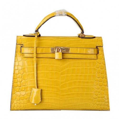Hermes Kelly 32cm Tašky přes rameno Žlutá Duhová Krokodílí Kůže Zlatá
