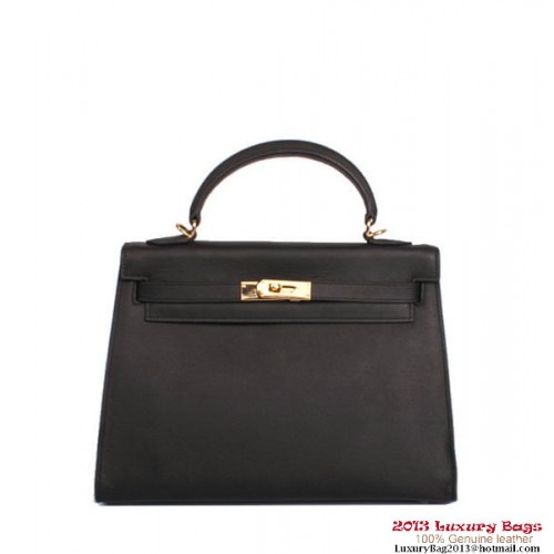 Hermes Kelly 32cm Taška s horním uchem, černá, Togo kůže, zlatá