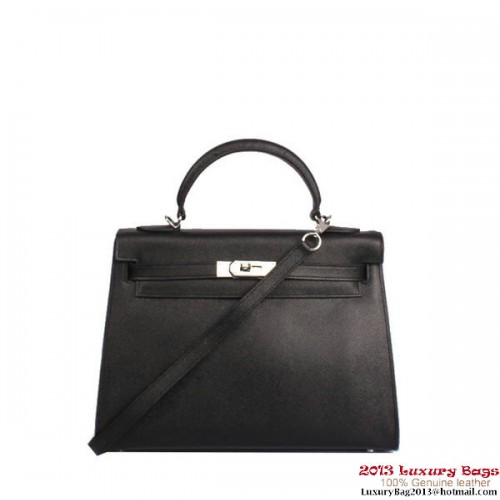 Hermes Kelly 32cm Taška s horním uchem, černá, Togo kůže, stříbrná