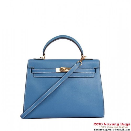 Hermes Kelly 32cm Taška s horním uchem, modrá, togo kůže, zlatá
