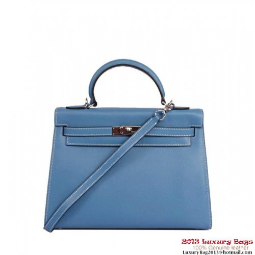 Hermes Kelly 32cm Taška s horním uchem, modrá, Togo kůže, stříbrná