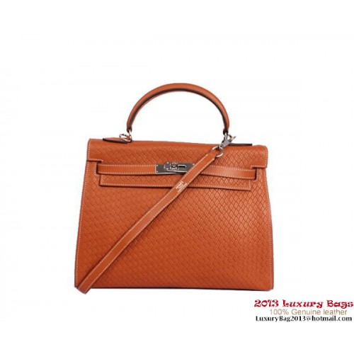 Hermes Kelly 32cm Taška s horním uchem, velbloudí tkaná kůže, stříbrná