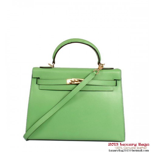 Hermes Kelly 32cm Taška s horním uchem, zelená Togo kůže, zlatá
