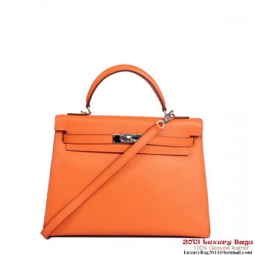 Hermes Kelly 32cm Taška s horní rukojetí oranžová Togo kůže stříbrná