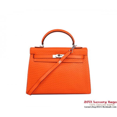 Hermes Kelly 32cm Taška s horním uchem Oranžová Tkaná Kůže Stříbrná