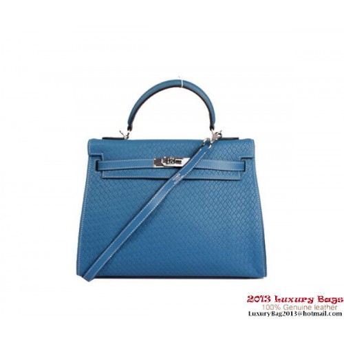 Hermes Kelly 32cm Taška s horním uchem, Královská modrá, Tkaná Kůže, Stříbrná