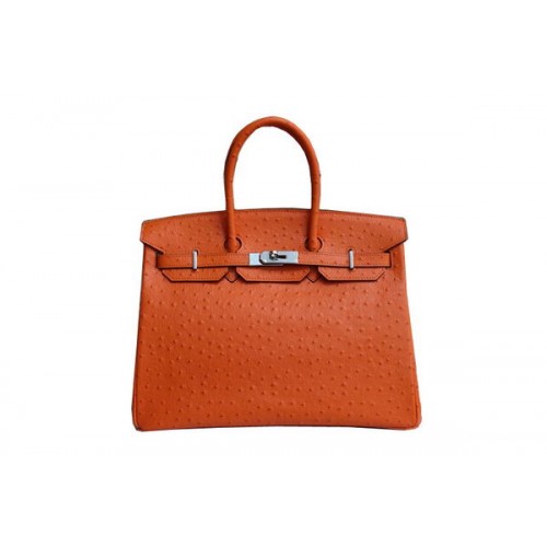 Hermes Kelly 35cm Taška s horní rukojetí Oranžová Pštrosí Kůže Stříbrná