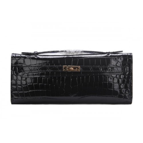 Hermes Kelly Clutch Bag Croco Leather K1002 Černá