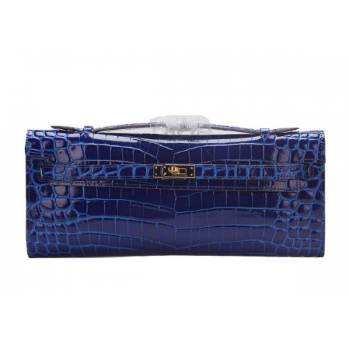 Hermes Kelly Clutch Bag Croco Leather K1002 Modrá