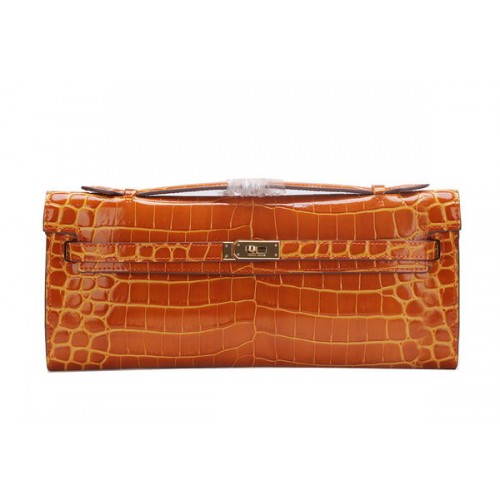 Hermes Kelly Clutch Bag Croco Leather K1002 Hnědá