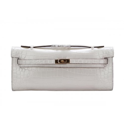 Hermes Kelly Clutch Bag Croco Leather K1002 White