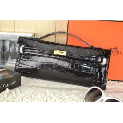 Hermes Kelly Clutch Bag Croco Leather K31 Černá