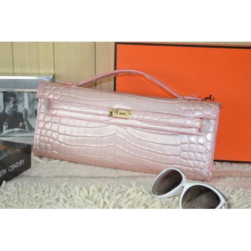 Hermes Kelly Clutch Bag Croco Leather K31 Světle Růžová