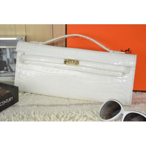 Hermes Kelly Clutch Bag Croco Leather K31 White