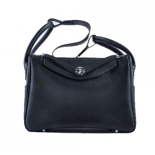 Hermes Lindy 30CM Zrnitá Kožená Taška Přes Rameno H6207 Černá