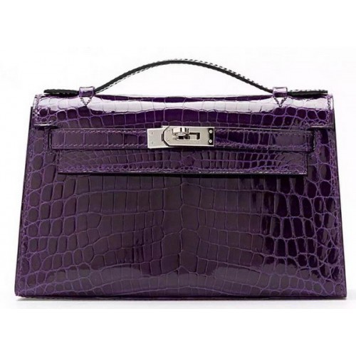 Hermes MINI Kelly 22cm Clutch Croco Leather KL22 Fialová