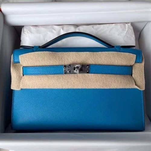 Hermes Original Swift Leather KEL2278 modrá a stříbrná kovová