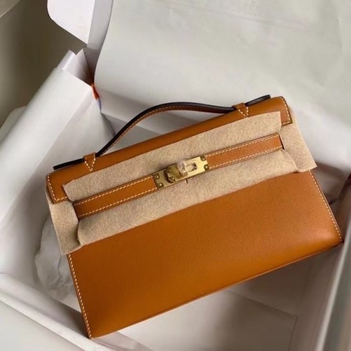 Hermes Original Swift Leather KEL2278 hnědá a zlatá kovová kabelka
