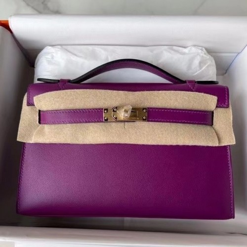 Hermes Original Swift Leather KEL2278 fialová a zlatá kovová kabelka