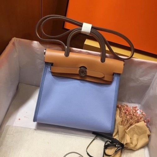 Hermes mini Herbag Originální plátěná kožená telecí kůže 45987 modrá a hnědá