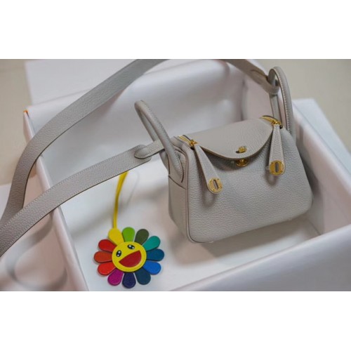 Hermes mini Lindy Togo kožená taška LD19 šedá a zlatá kovová